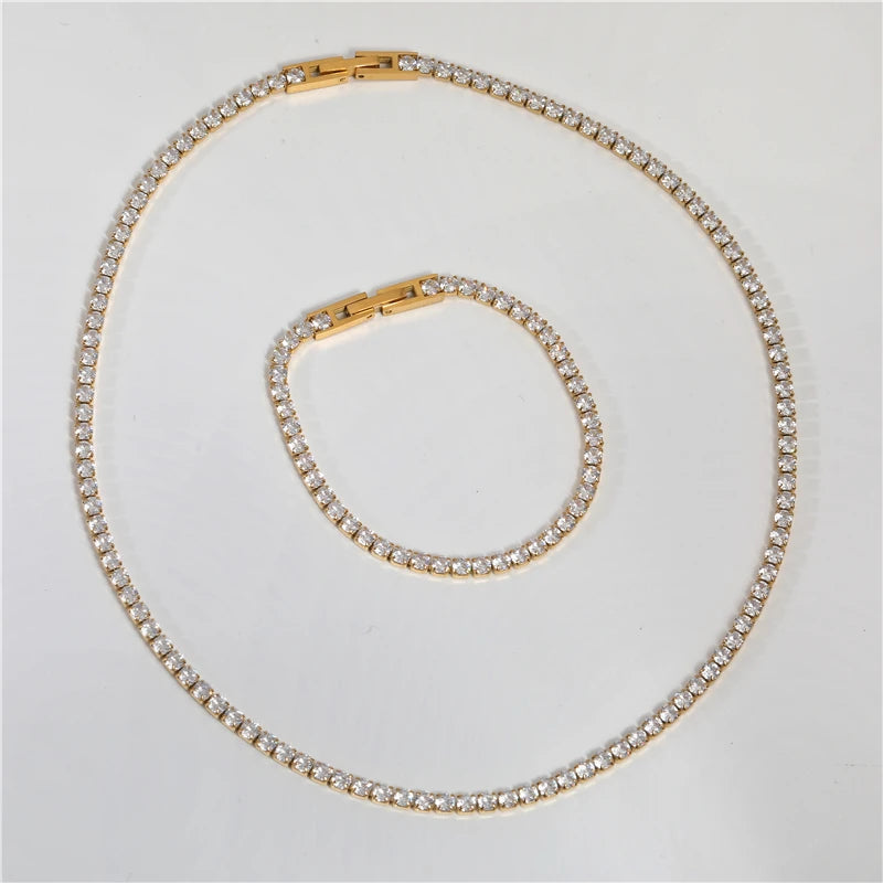 Waterproof & Tarnish Free 18K Gold Plated Luxury  Zirconia Pave Stainless Steel Tennis Necklace Fashion Jewelry