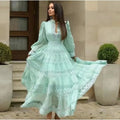 Luxurious and Elegant V-neck Lace Match Waist Slimming Maxi Dress Temperament
