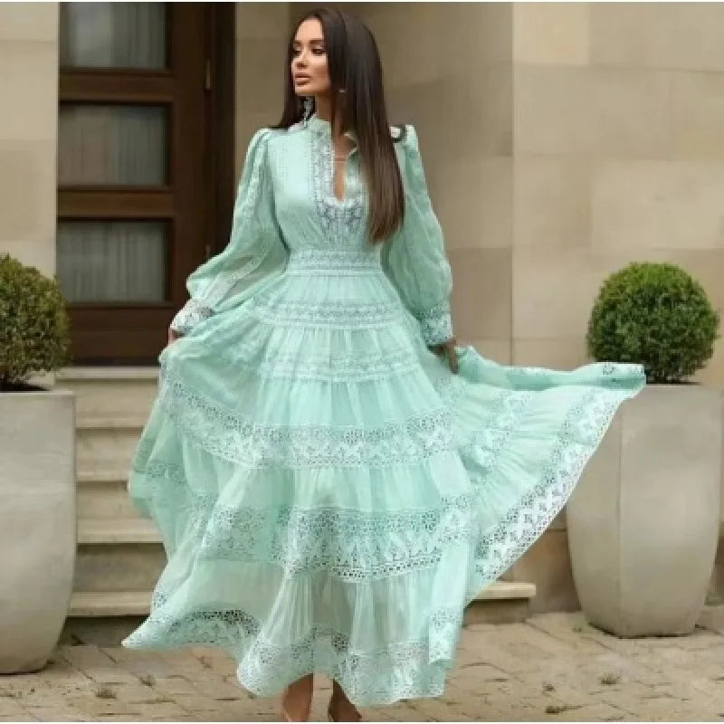 Luxurious and Elegant V-neck Lace Match Waist Slimming Maxi Dress Temperament