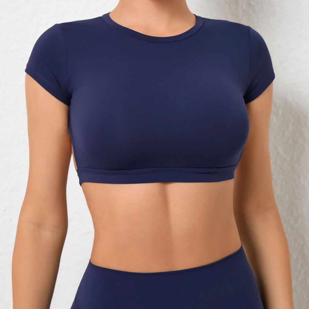 Hot Sale  Women Yoga Set Workout Sportswear Gym Clothing Fitness Short Sleeve Crop Top T Shirt Manufacturer