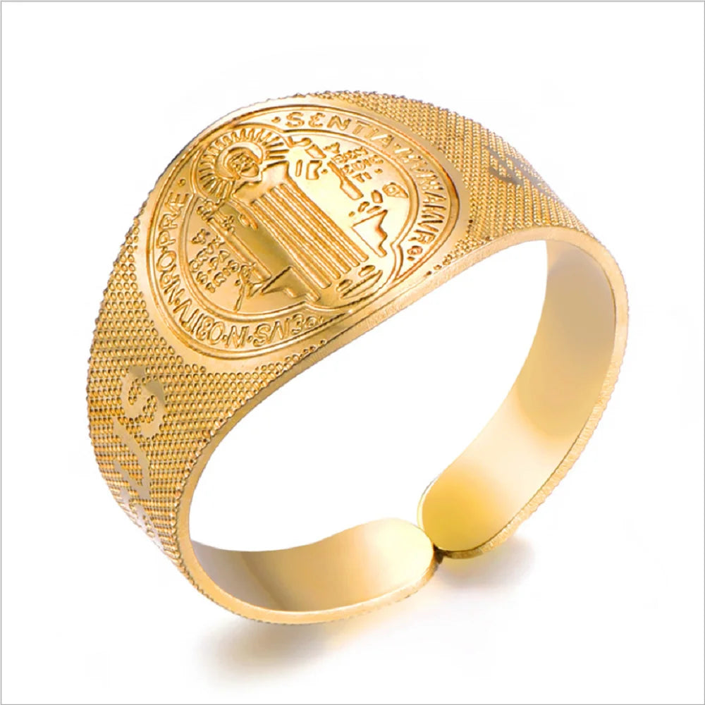 Quake Fashion Stainless Steel Saint Benedict Card Ring Charm Religious Finger Rings 2021 Jewelry for Women