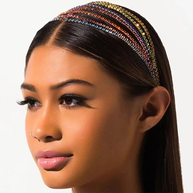 Luxury Shiny Rhinestone Long Tassel Crystal Headband Multilayer Bling Colorful Crystal Elastic Hair Bands