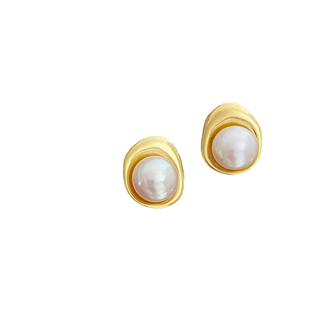 925 Sterling Silver Women's Freshwater Pearl Geometric Round Shape Stud Earrings Gold Plated Vintage Style Gift