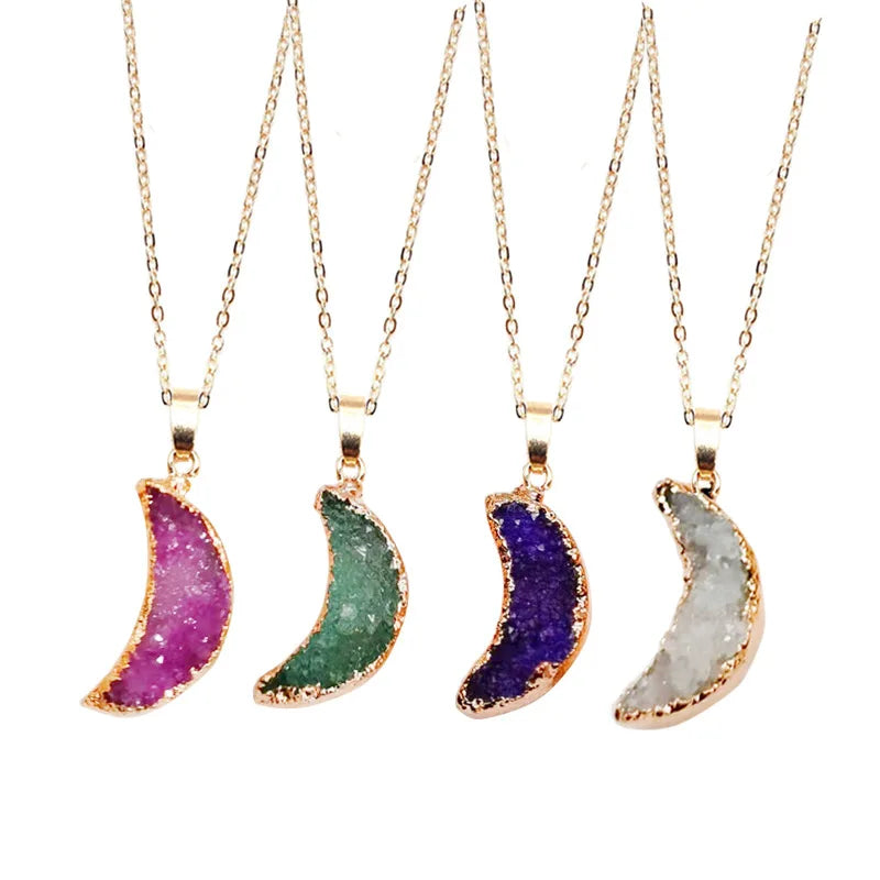 Healing Crystal Stone Pendant Necklace Druzy Crescent Moon Charm Gem Stone Necklace