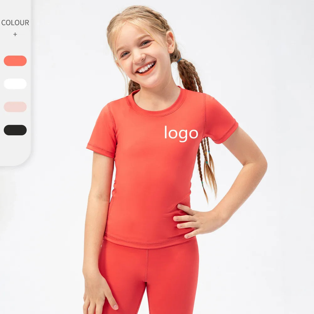 New Girls Summer Sports Short Sleeve Top Skin Friendly Nude Breathable Children's Dance Yoga Running Training Shirt 23207 Custom