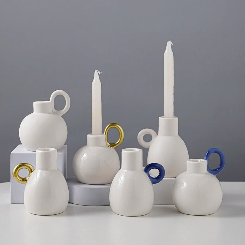 Modern White Handmade Ceramic Candle Holders with UV Printing for Wedding and Easter Home Decor Pillar Candle Stand