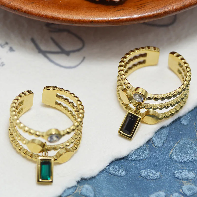 French Style Gold Plated Stacking Ring Stainless Steel Emerald Gemstone Charm Ring for Women
