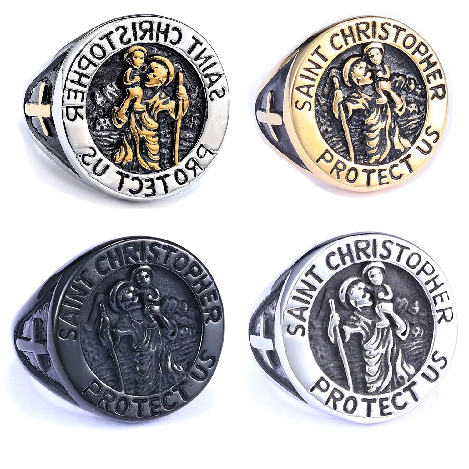 Custom Color Gold PVD Plated St. Christopher Cross Ring Nickle Free Stainless Steel Christian Catholic Style Rings for Party