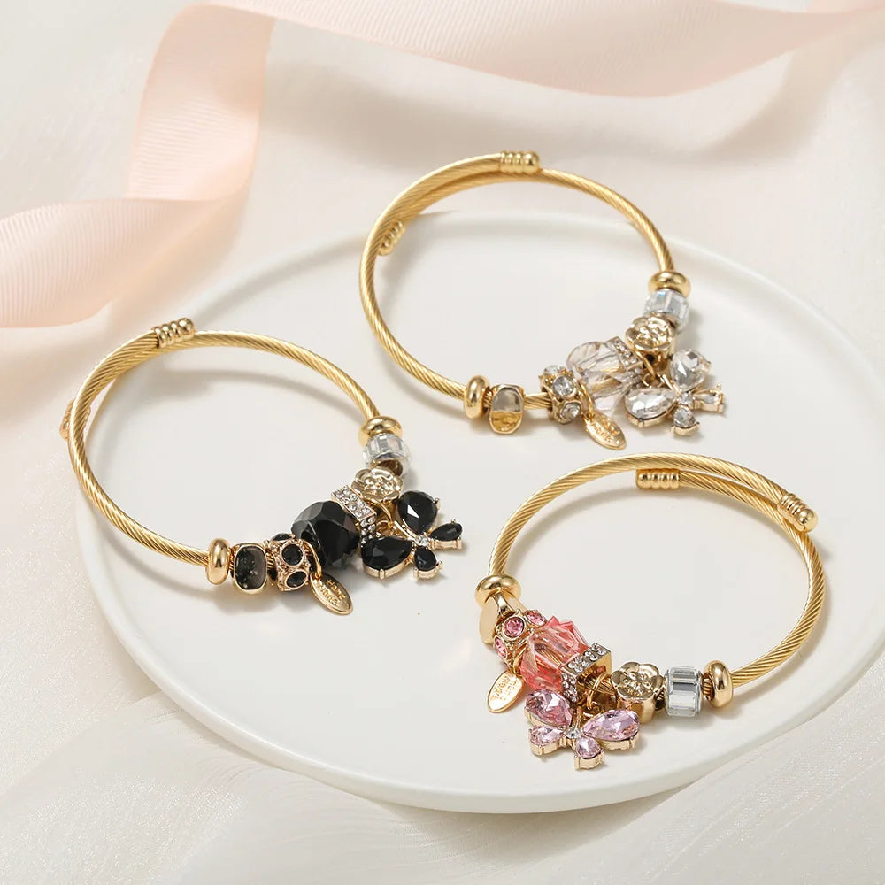 New Fashion Gold Color Stainless Steel Opened Size 3 Colors Butterfly Charms  Bracelets for Women
