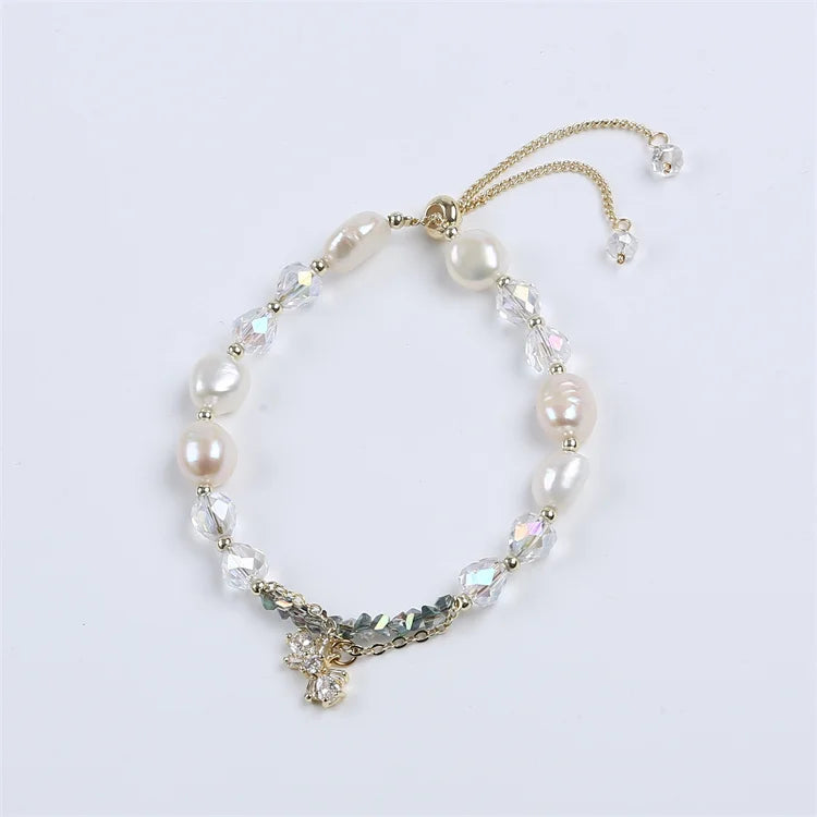 Adjustable Gold-Plated Crystal and Freshwater Pearl Bracelet with Zircon Stylish Platinum Jewelry for Parties Weddings Gifts