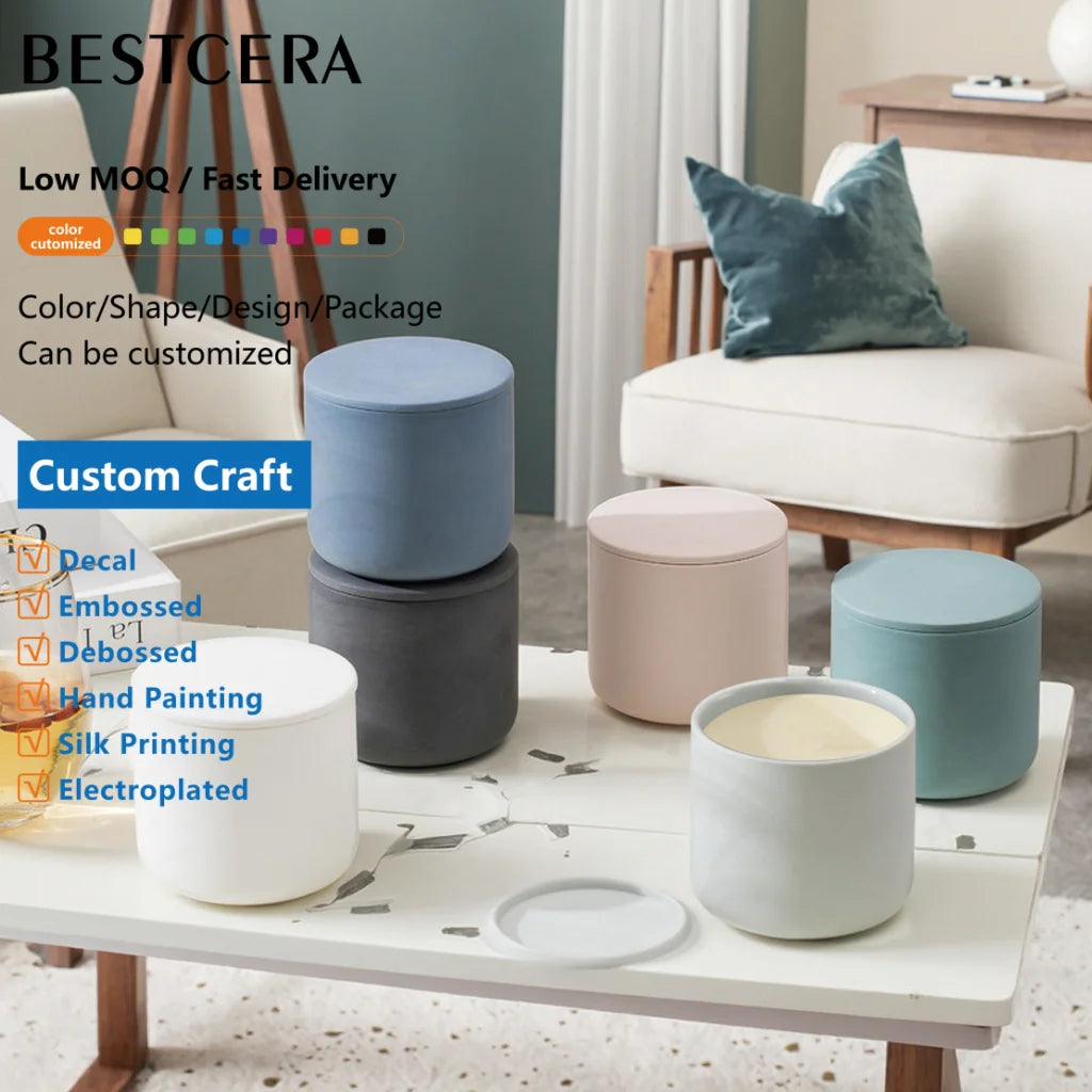 BESTCERA European Style Matte Tumbler Jar for Candles Scented Candle Container Simple Ceramic Candle Vessel with Lid