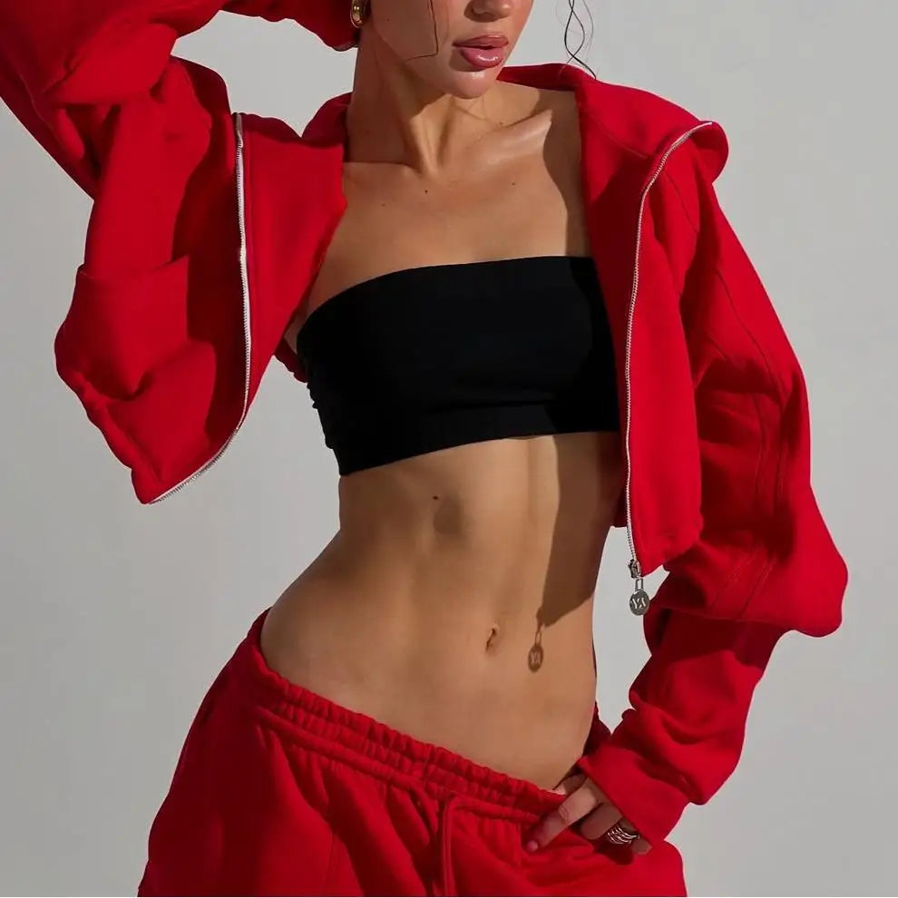 Custom Women's Knitting Sports Wear Set Baggy Tracksuit Crop Zip-Up Hoodie Jogging Pants Casual Letter Hot Selling for Autumn