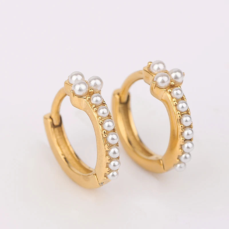 18k Plated Jewelry Pearl Jewelry Dropshipping Waterproof Gold Brand Jewelry Stainless Steel Clover Hoop Earrings