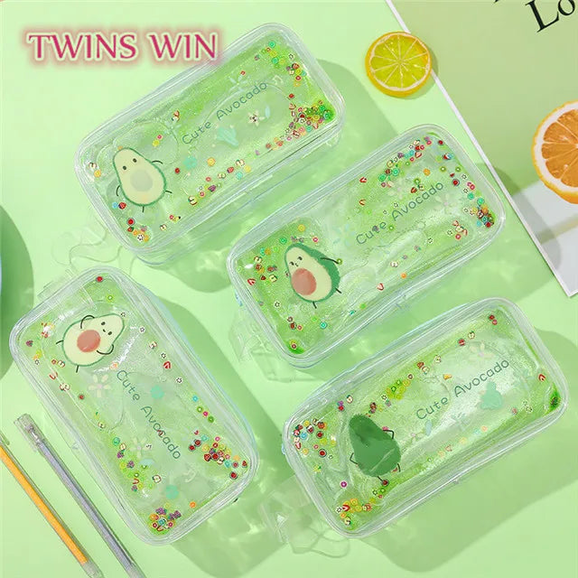 Cute Avocado Transparent Quicksand Pencil Case Cartoon Peach Large Capacity Pen Portable Bag 1341