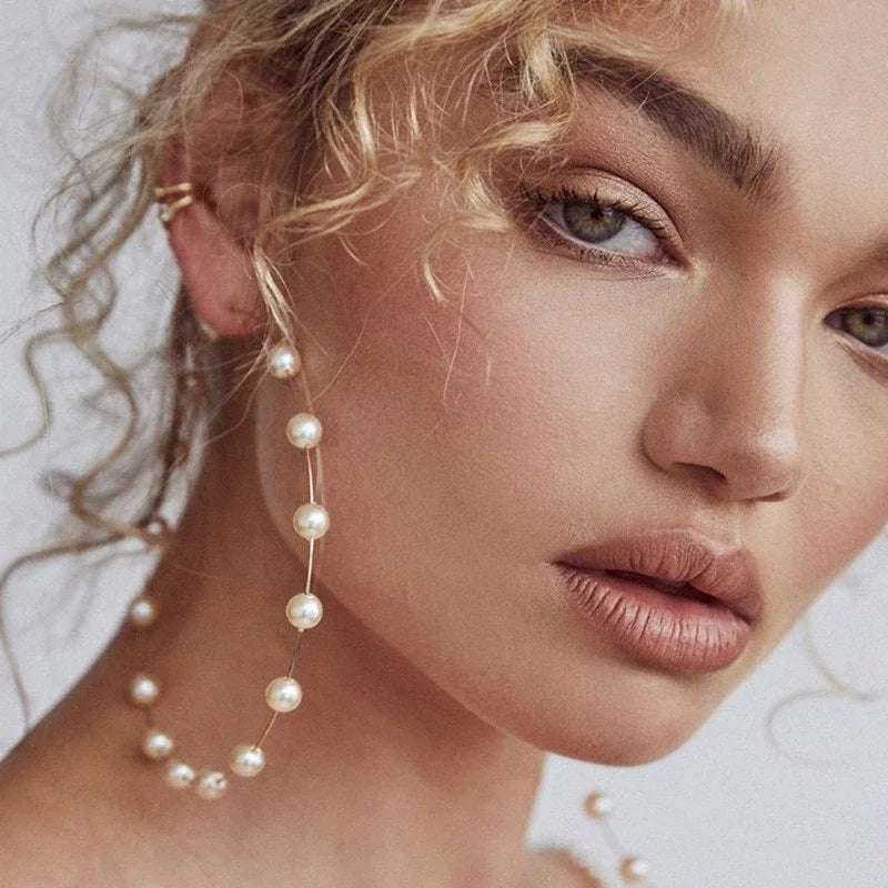 New Fashion Boho White Pearl Round Circle Hoop Earrings Women Large Size Earrings Pearl Earring for Women
