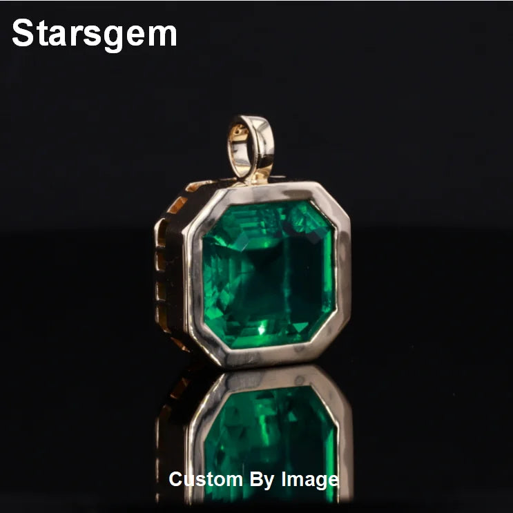 Starsgem Octagon Shape 14K Solid Gold Necklace Jewelry Green Hydrothermal Emerald Gemstone Pendant for Women Girls