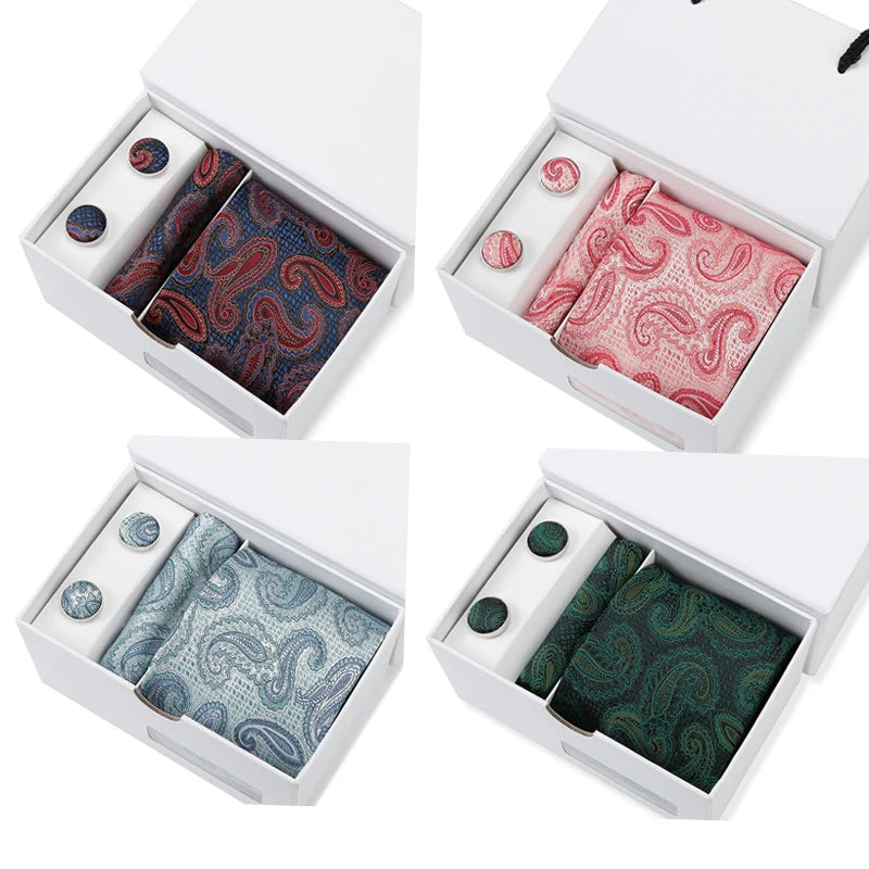 Wholesale Pink Green Men's Necktie With Pocket Square Cufflinks Set Silk Neck Tie Cuff Links Sets for Men Party Wedding Gifts