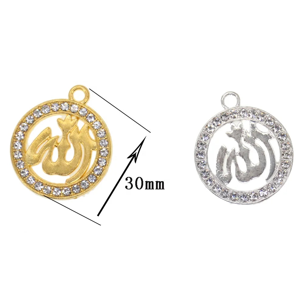 Wholesale Gold Plated Alloy Mini Fashion DIY Crystal Rhinestone Islamic Allah Round Charms for Baby Pin/Necklace/Bracelet