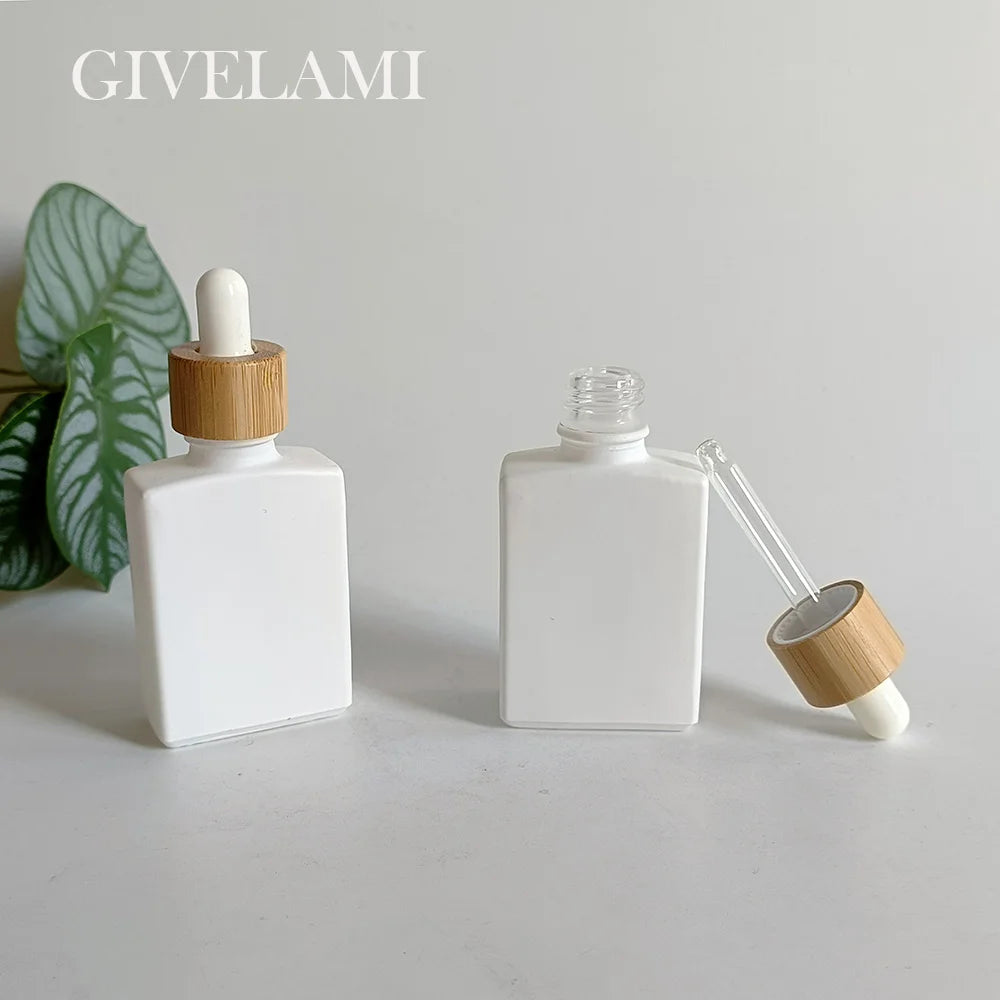 Cosmetic Container 15ml 30ml 50ml 100ml Square Matte White Glass Essential Oil Dropper Bottle With Bamboo Wooden Lids