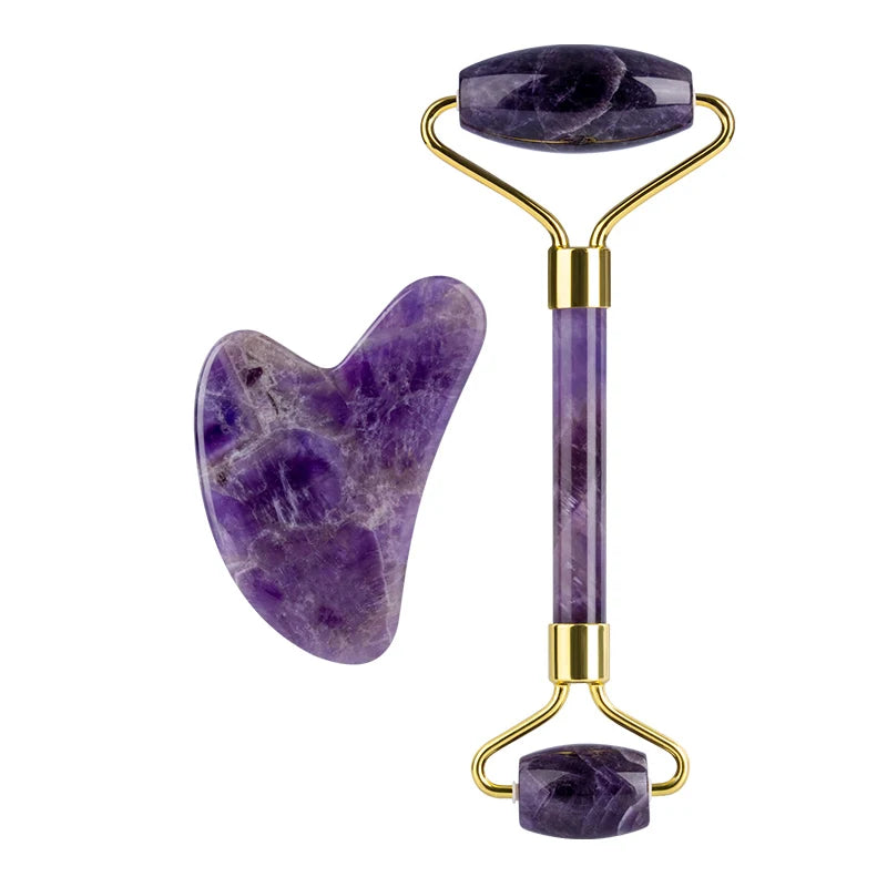 Hot Natural Amethyst Jade Roller and GuaSha Kit Facial Massage Tools