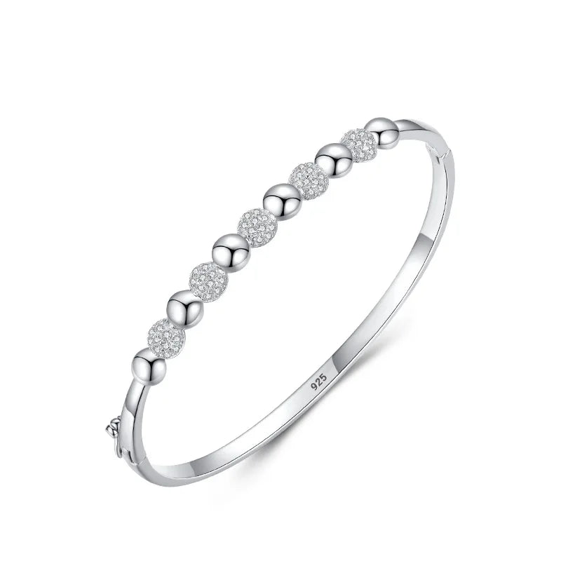 Light Luxury Simple High-end Wrist Jewelry Bracelet S925 Sterling Silver Rhodium Plated Zircon Little Ball Bangle