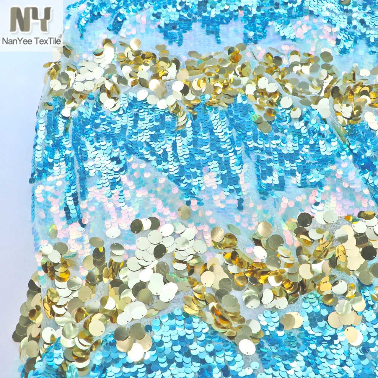 Nanyee Textile 18mm Big Turquoise + Gold Kids Creative Sequin Fabric for Costume Kimono