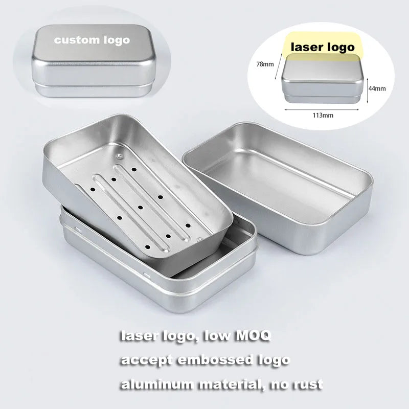 Custom Embossed Logo Rectangle Draining Water Soap Tin Box for Soap Bar No Rust Aluminum Soap Case 11.3*7.8*4.4cm