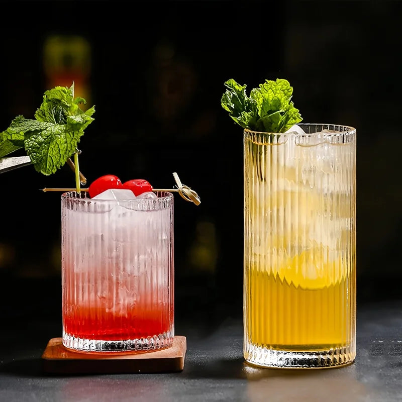 Vintage Long Drink Highball Striped Coffee Juice Water Tumbler Bar Transparent Round Cylindrical Ribbed Cocktail Glasses Set