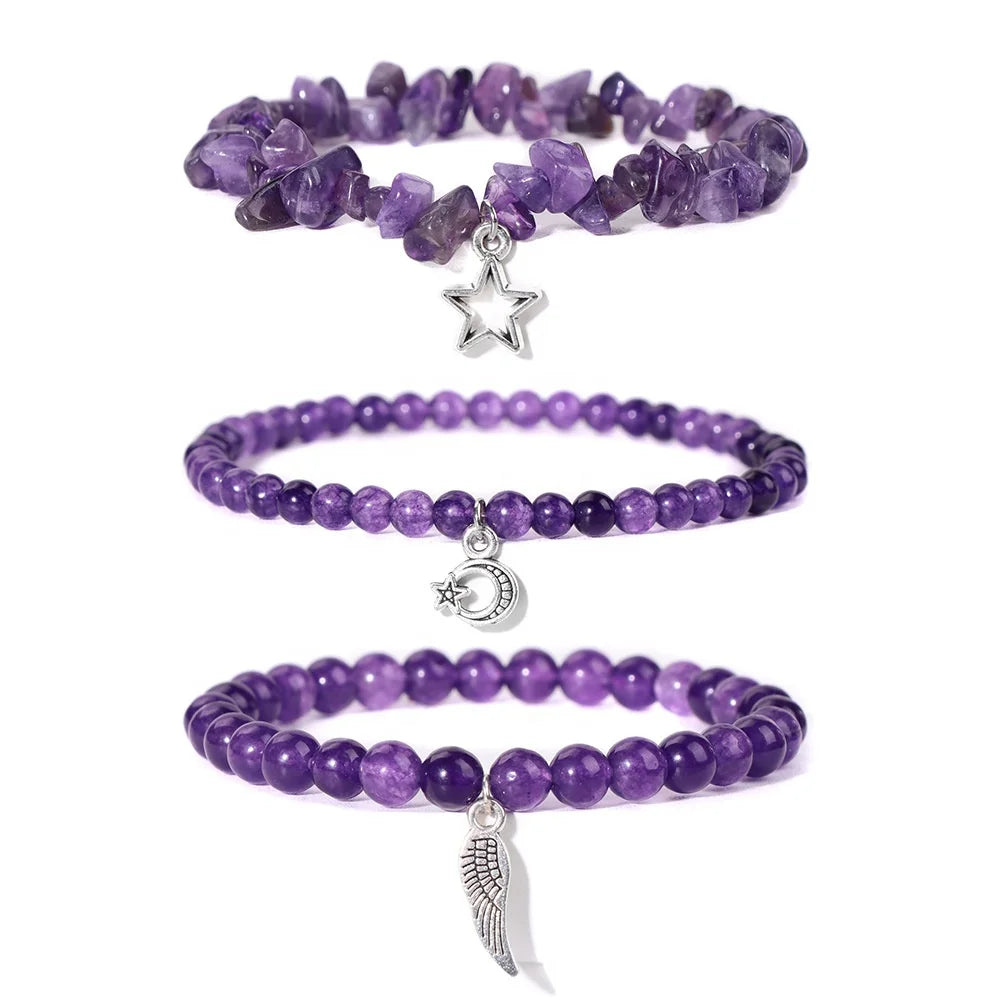 Dainty Natural Stone Bracelet Set for Women Fine Jewelry Star Leaf Charm Pendant Multilayer Elastic Healing Beaded Bracelets Set