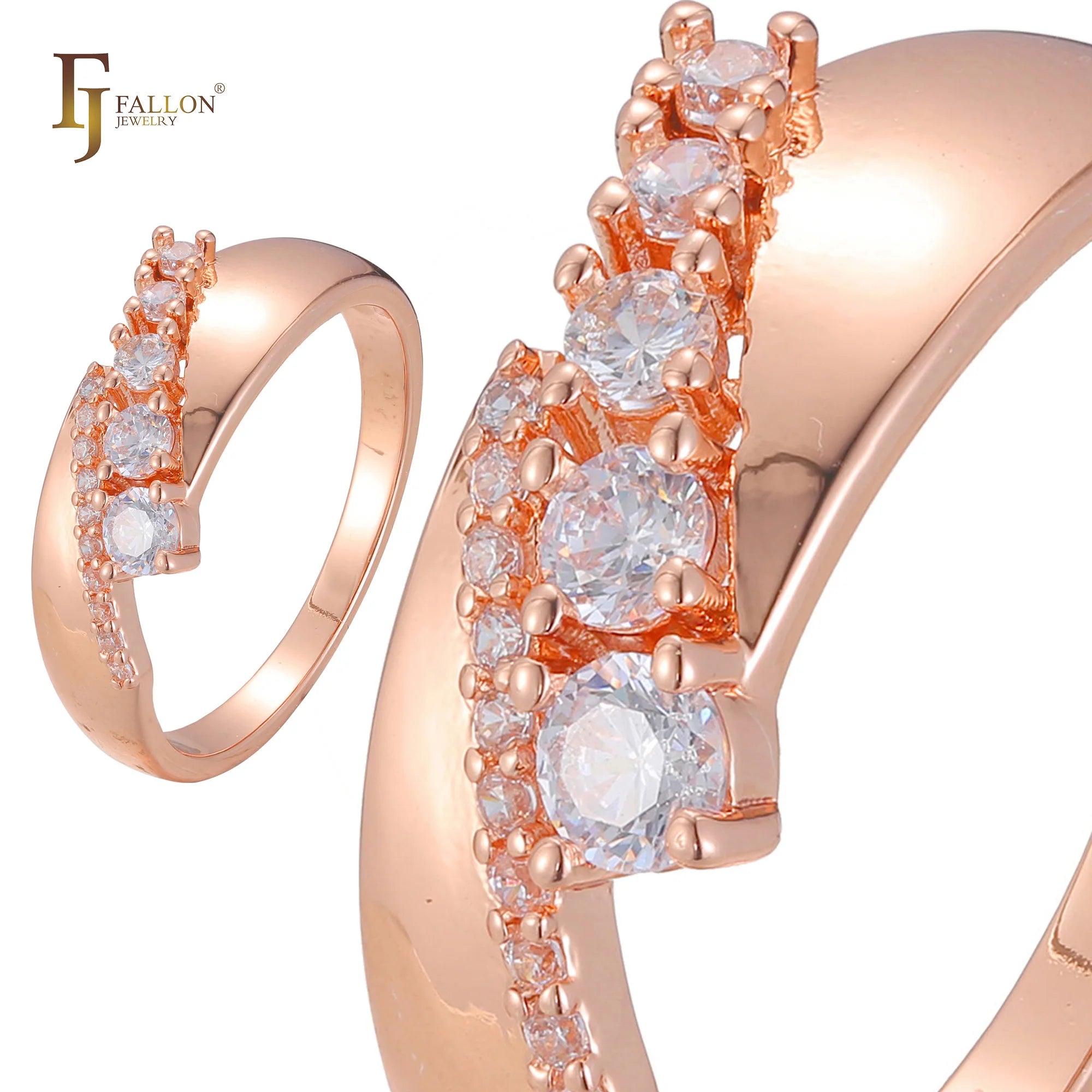 FJ Fallon Fashion Jewelry Lake Blue CZs Cluster Rings Plated in Rose Gold Brass Based