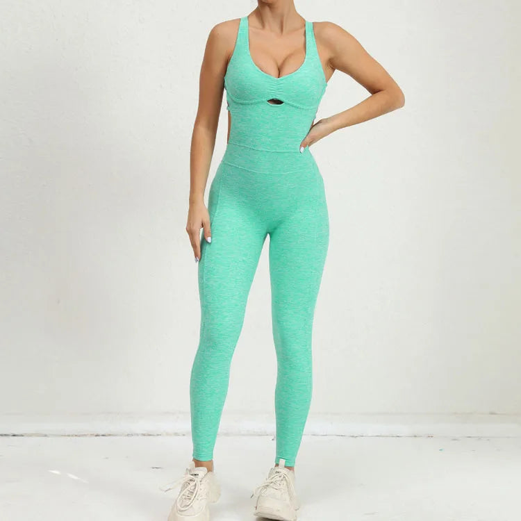2025 Women cross adjustable shoulder straps one piece yoga bodysuit dance abdomen peach hip sports elastic jumpsuit