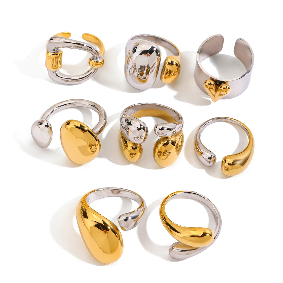 J&D Luxury Chunky Stainless Steel 18K Gold Rings Layered Two Tone Water Drop Zircon Rings Set