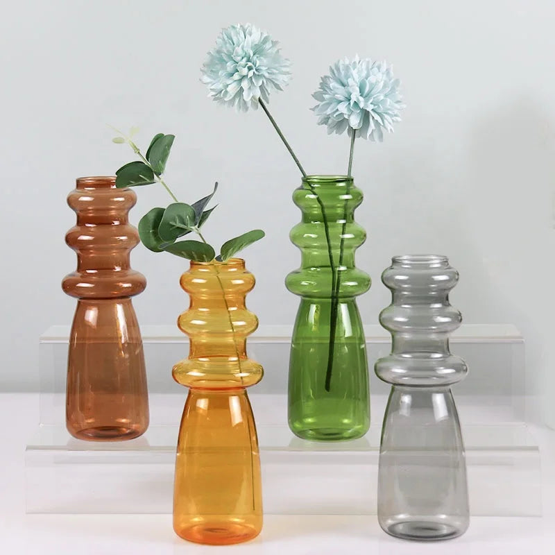 Nordic Vintage Tabletop Spiral Wave Flower Arrangement Green Grey Yellow Brown Colorful Home Decor Small Hand Made Crystal Vases