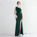 18975# Satin Fabric Bespoke Bead Long One-shoulder Socialite Dinner Slim-fit Dress Wedding