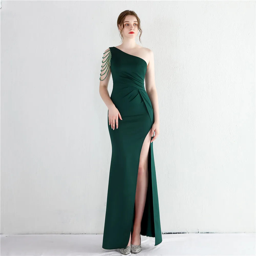 18975# Satin Fabric Bespoke Bead Long One-shoulder Socialite Dinner Slim-fit Dress Wedding