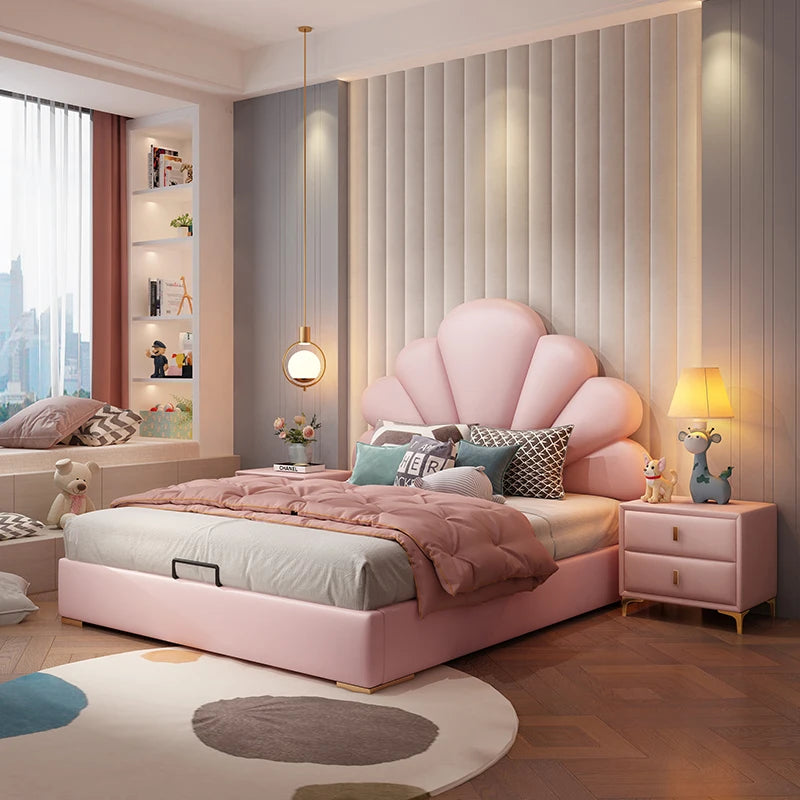 Luxury Upholstered Floral Headboard Leather Children Bed Modern Wood pink Girls' Room Bed with Gold Metal Leg Bedroom Furniture