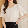 Chiffon Blouses Women Summer Short Sleeve Top V-Neck White Shirt Female Elegant Solid Color Office Lady Chic Blouse