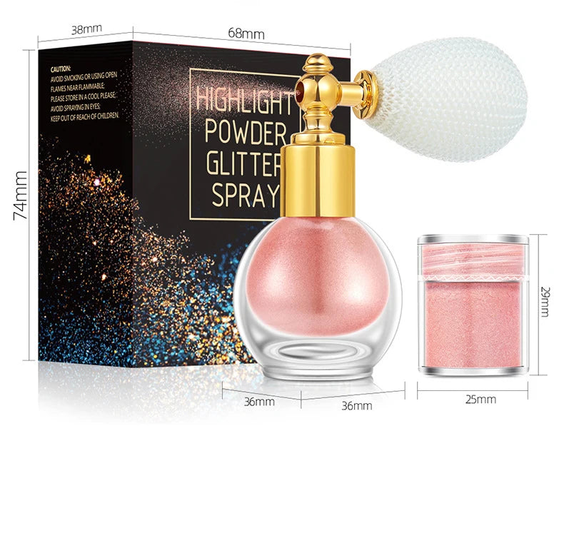 High Gloss Glitter Powder Spray Costom Logo Makeup for Face Body Highlight Makeup Highlighter Powder Spray With One Replacement