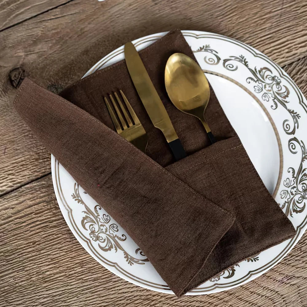 Choco-Brown Linen Cutlery Holder Eco Friendly Tableware Pouch Natural Retro Table Decor