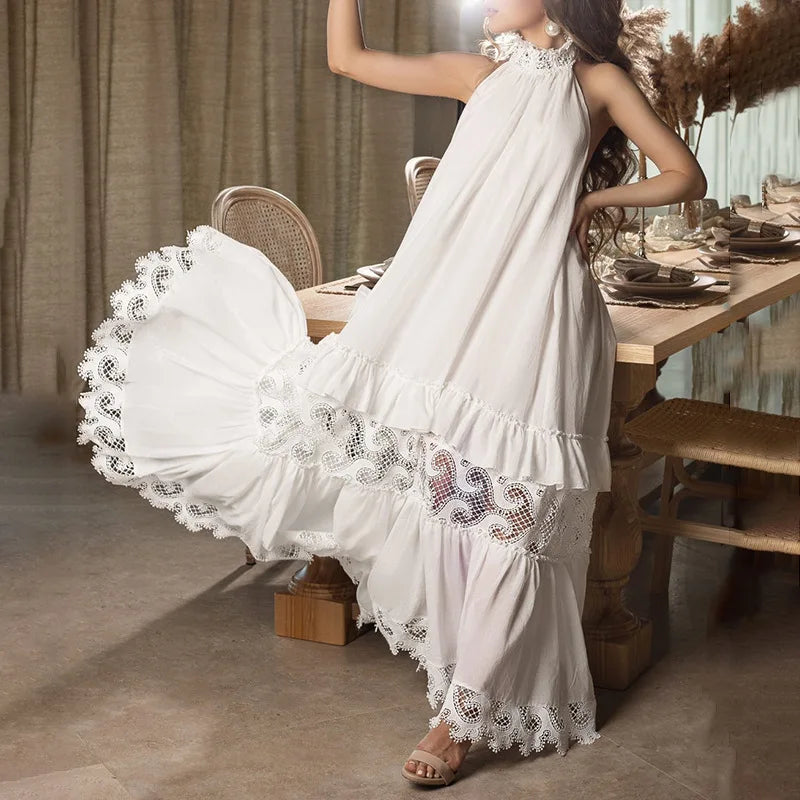 French Big Swing Midi Woven Eco-Friendly Dresses 2023 Summer New Stand-up Collar Sleeveless Natural Waist Solid Breathable Dress