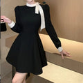 Autumn New Women's Large Size Black Bow Tie Temperament Long Sleeved Dress