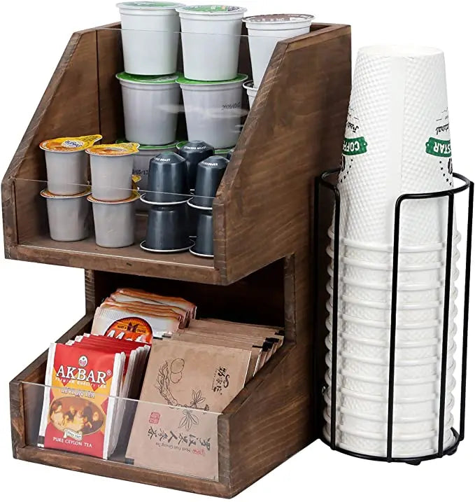 JUNJI Coffee Condiment Organizer Tea Bag Holder Wood Coffee Pod Holder Caddy Wooden Storage Box for Countertop Coffee Bar Rustic
