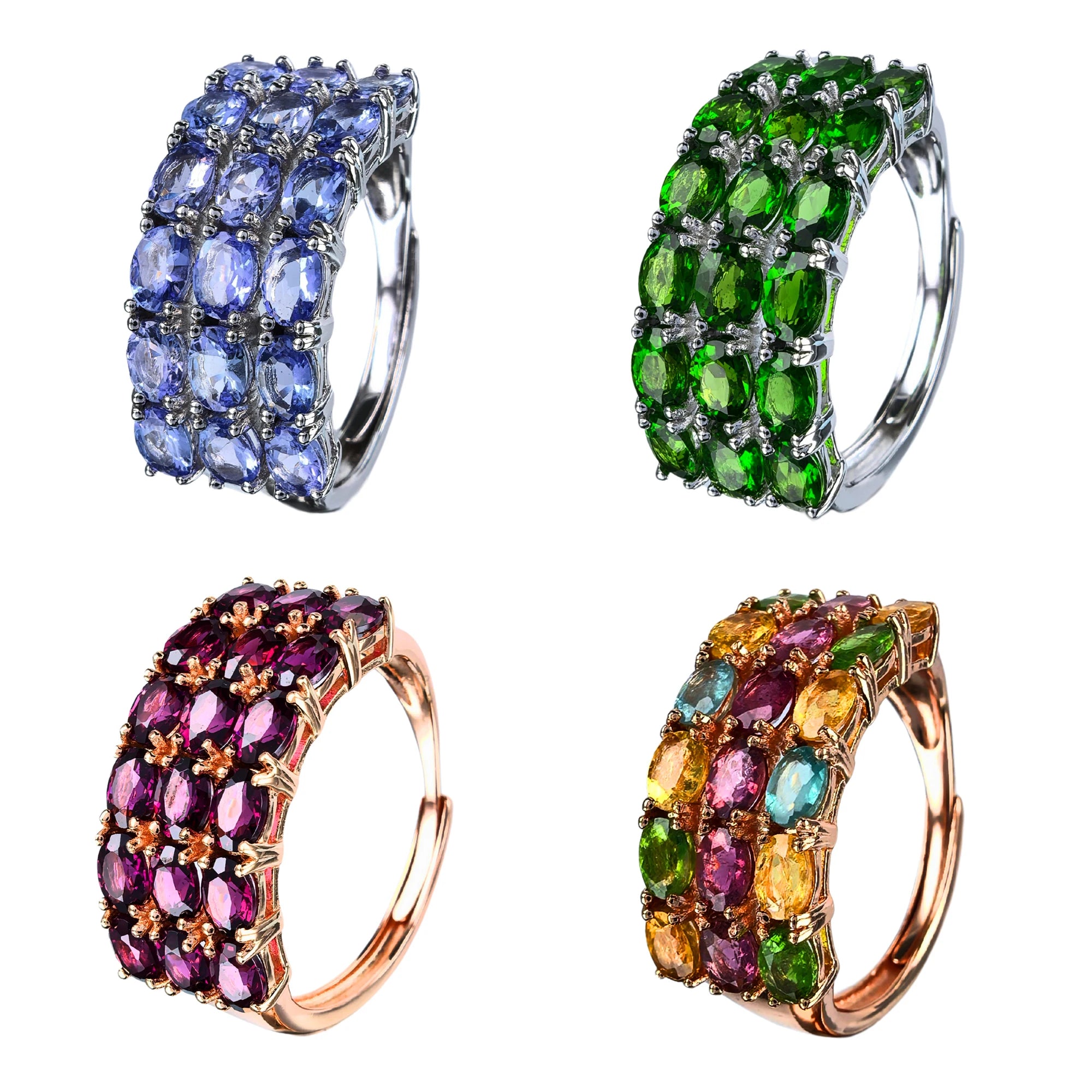 Sparkling Rhodium/Rose Gold Plated Silver 925 Jewelry Natural Tanzanite/Diopside/Pyrope/Tourmaline Ring for Women's Party Wear