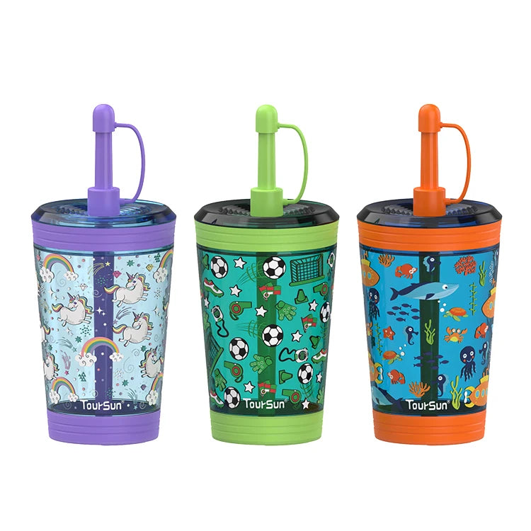 Bpa Free Cute Design Custom logo  Kids 16oz Single Plastic Drinking Cup with Straw