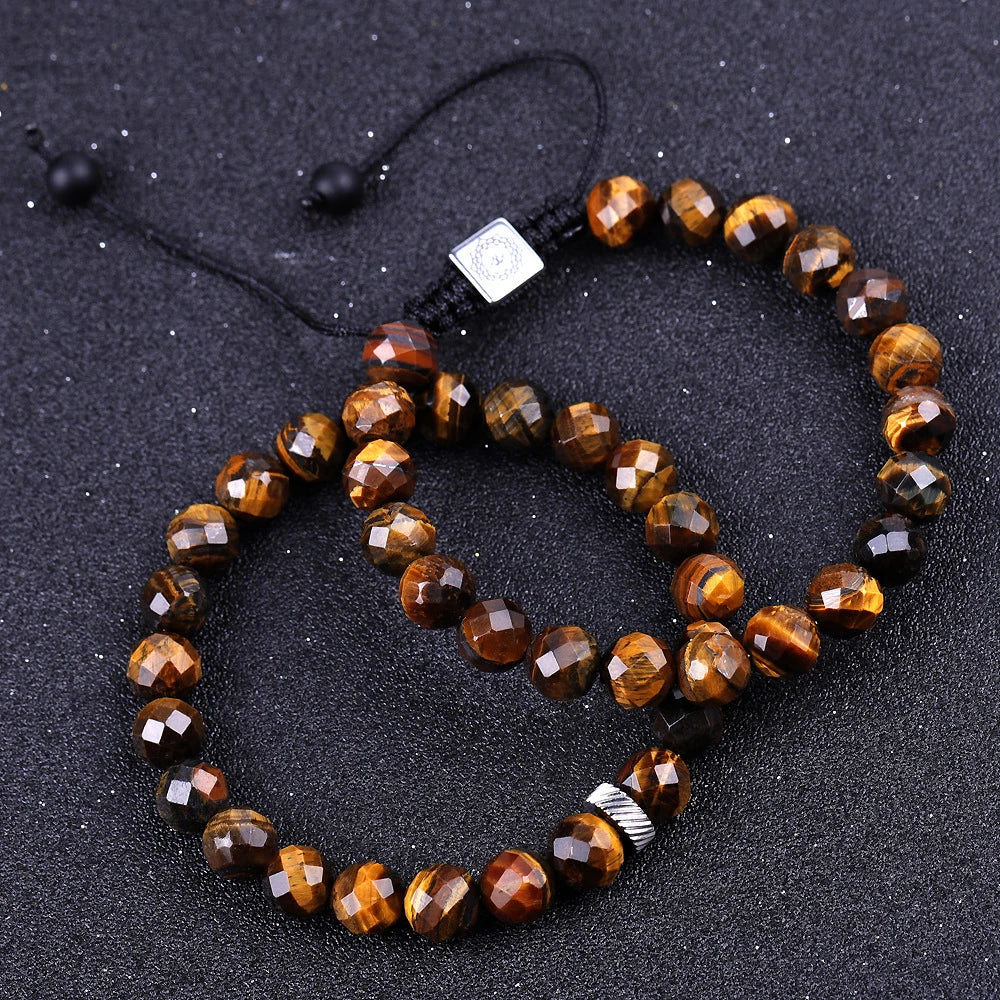 AA Grade 8mm Faceted Brown Tiger Eye Agate Natural Stone Beads Elastic Stretch Male Bracelet Trendy Yoga Jewelry for Men Gift