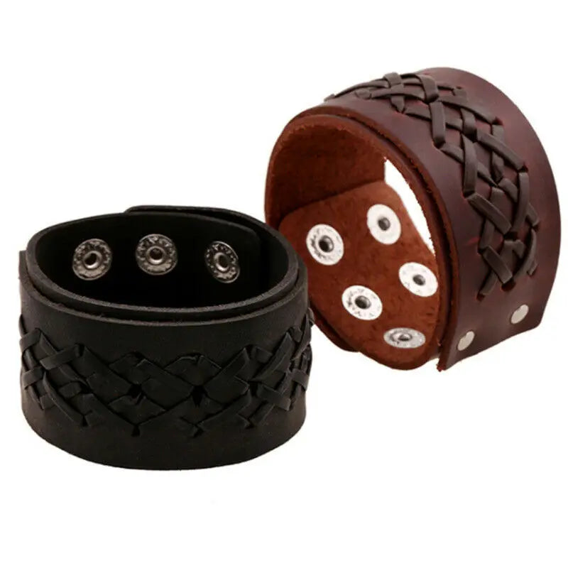 Mens Black Brown Punk Wide Leather Belt Wristband Bangle Cuff Bracelet Adjustable Jewelry Gift