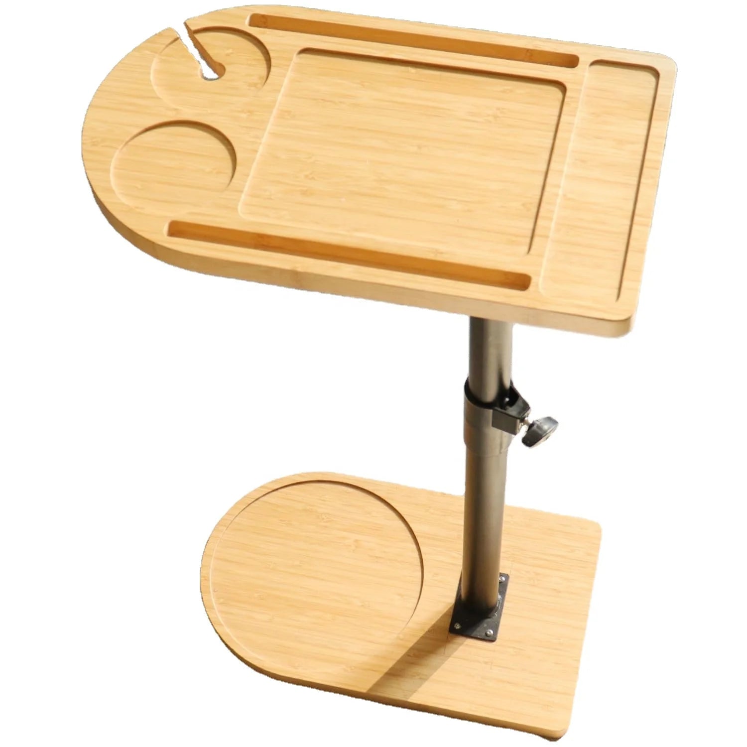 Bamboo Side Table for Small Space for Bed or Chair Foldable Adjustable Height 2 Phone and Tablet Slots Sofa Tray for Couch Arm