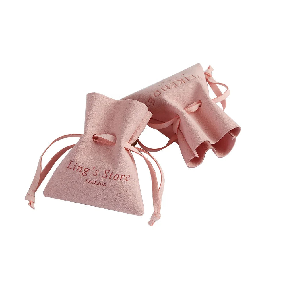 Custom Brand Logo 8x10cm Pink Suede Microfiber Drawstring Bag Jewelry Pouch with Deboss Printing