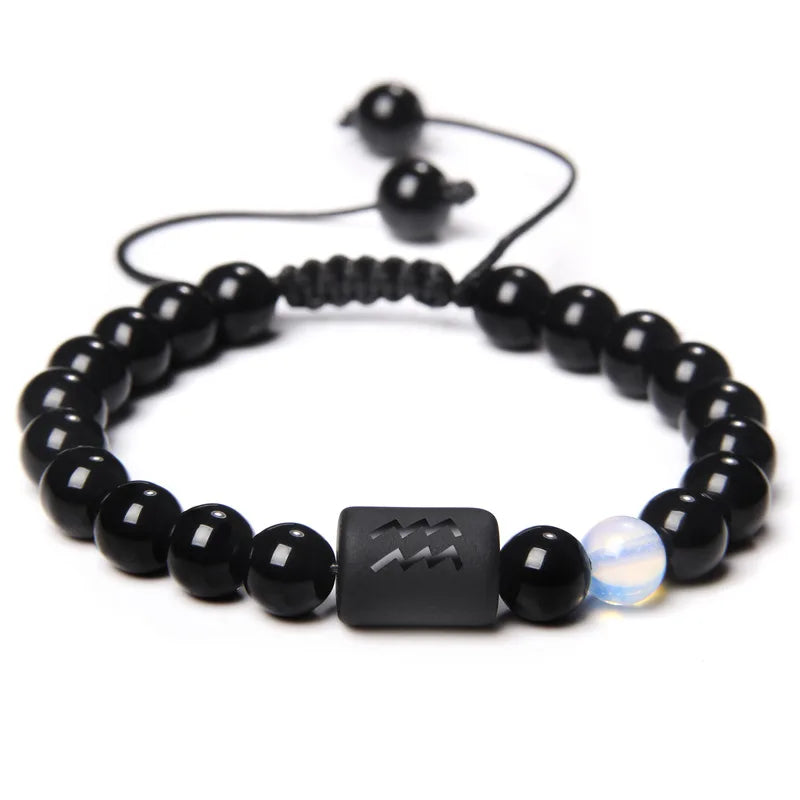 Men's Fashionable 12 Zodiac Adjustable Bracelet 8mm Black Glass with 7 Chakra Charm Beaded Bracelet for Religious Wedding Gift