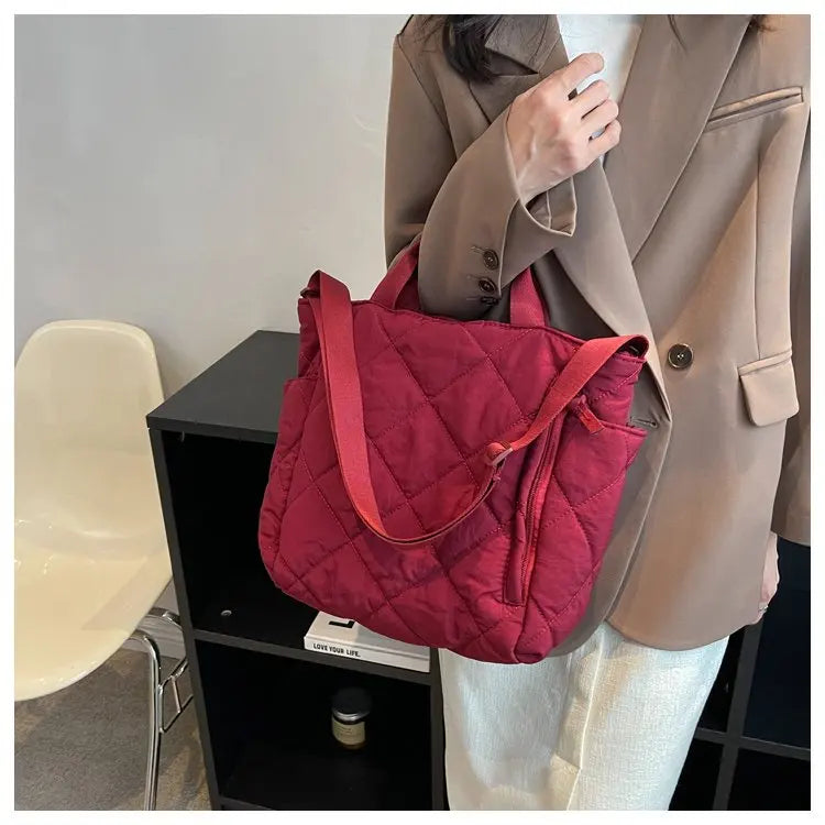 Red Designer Puffy Quilted Women's Overnight Business Crossbody Tote Bag with Zipper and Compartments